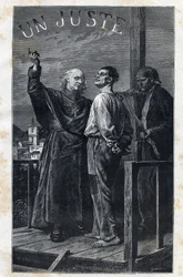 A eveque Myriel acompanha uma sentença de morte que sobe no cadafalso - Ilustração de Frederic Theodore Lix (1830-1897) para "The Miserables - First Part": Fantine" de Victor Hugo (1802-1885) 1862