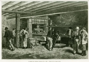 O lagar dos viticultores alsacianos. Gravura de Lix, para ilustrar a história A Through Alsace and Lorraine, em 1887, de Charles Grad, deputado alemão, no tour du monde 1888, dirigido por Edouard Charton (1807-1890), Hachette, Paris.