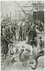 Victor Hugo saúda uma república universal durante um discurso no exílio em 1 de agosto de 1852, século XIX (gravura de bw)