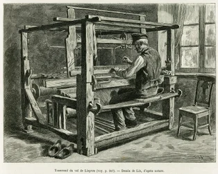 Weaver of the Liepvre Valley. Gravura de Lix, para ilustrar a história A Through Alsace and Lorraine, em 1887, de Charles Grad, deputado alemão, no tour du monde 1888, dirigido por Edouard Charton (1807-1890), Hachette, Paris.