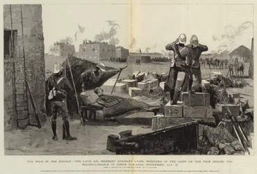 A Guerra no Sudão, o falecido Sir Herbert Stewart ferido no acampamento no Nilo durante o reconhecimento em direção a Metemmeh, 21 de janeiro