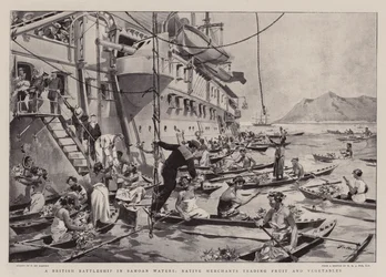 Um navio de guerra britânico em águas samoanas, comerciantes nativos de comércio de frutas e legumes