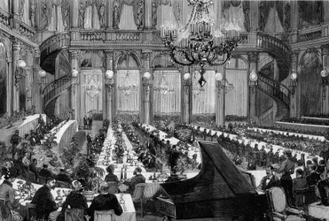 Jantar concerto no salão de festas do Grand Hotel de Paris. Gravura de De Haenen em "The Illustrous World" n°1250 de 12 de Março de 1881.