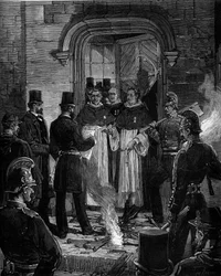 Expulsão dos dominicanos da Rue de Jean de Beauvais em Paris, na sequência dos decretos de Março de 1880 tomados por Jules Ferry e da supressão do direito de ensinar os membros das congregações religiosas não autorizadas: leitura do acto de notificação dos