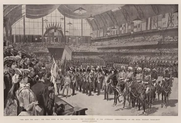 Deus salve o rei, a cena final no Grand Pageant, a inauguração da Commonwealth australiana, no Royal Military Tournament