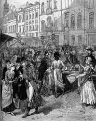 Comemoração histórica da comemoração do cerco de Lille em 1792: a Braderie Watteau (grande feira) nas ruas da cidade com os habitantes da moda do século XVIII. Gravura de De Haenen no "Le Monde Illustré" n°1334 de 21 Octo