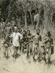 &39;Como o homem branco comercializa no estado do Congo: trazendo borracha e reféns&39; (lavagens monocromáticas no cartão)
