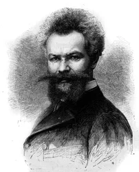 Retrato de Mihaly Munkacsy (1844-1900), pintor húngaro. Gravura em "Le Monde Illustré" n°1306 de 8 de Abril de 1882.