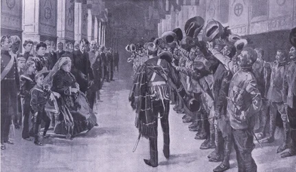 A Rainha Victoria inspecionando Colônias inválidas em St Georges Hall, Windsor, ilustração deApós Pretória: A Guerra da Guerrilha, 1902