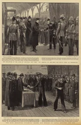 A partida do duque de Cornwall e York, a chegada do rei e da festa real em Portsmouth, o rei dando ordens e medalhas vitorianas aos oficiais e homens da Marinha