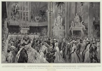 O almoço no Guildhall, Suas Majestades prosseguindo até o saguão até o estrado