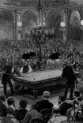 O grande encontro internacional de bilhar entre o Sr. Slosson, campeão americano, e o Sr. Vignaux, campeão francês, na sala Zodiaque do Grand Hôtel de Paris