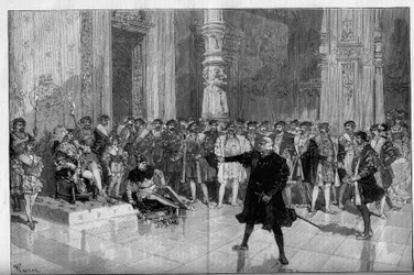 Representação teatral: "O Rei diverte-se" de Victor Hugo (1808-1883). Acto I cena 5: um quarto no Louvre, a maldição. M. de Saint Vallier (Saint-Vallier) perante o Rei François I (Mounet Sully (ou Mounet Sully) 1841-1916) e o Bobo Triboulet (Edmond