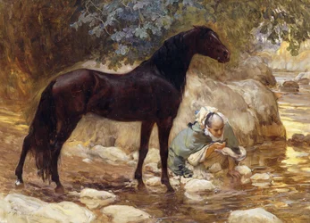 Um árabe a dar de beber ao seu cavalo junto a um rio, c. 1890-1900