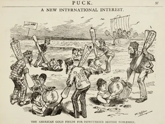 Desenhos animados que descrevem "os campos de ouro americanos para impecunious nobres britânicos", 1880
