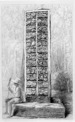 Hieróglifos no verso de um monumento em Copán, Honduras, do volume I de «Incidents of Travel in Central America, Chiapas and Yucatan», de Frederick Catherwood e John Lloyd Stephens, publicado em 1842