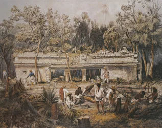 Os arqueólogos Frederick Catherwood e John Lloyd Stephens a medir o templo de Tulum, Iucatão, México, ilustração de «Vistas de monumentos antigos da América Central, de Chiapas e do Iucatão»