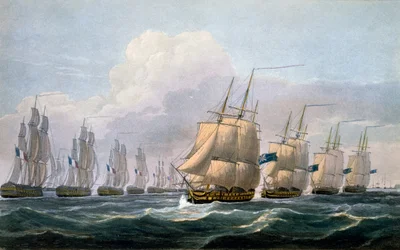 Capitão Beresford em HMS Teseu liderando seu esquadrão de navios de "The Naval Chronology of Great Britain", de J. Ralfe, 1820