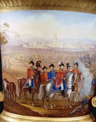 Detalhe de Wellington e seus oficiais de um vaso fino campana de Berlim, em ouro e pedestal do tipo de serviço Wellington, pintado com uma cena da Batalha de Vittoria, 1817