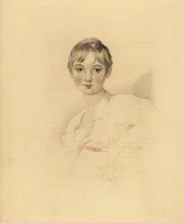 Retrato de Lucy Meredith, sobrinha de Sir Thomas Lawrence. Jovem pré-adolescente de vestido branco com cinto de fita cor-de-rosa. Gravura colorida à mão de Frederick Christian Lewis após uma ilustração de Sir Thomas Lawrence do Gabinete de Gemas de P.G. Pa