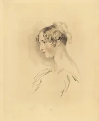 Retrato de Mary Isabella Bloxam como uma jovem mulher, sobrinha de Sir Thomas Lawrence. Com o cabelo para cima e encaracolada, com um vestido fora dos ombros. Gravura de Frederick Christian Lewis depois de uma ilustração de Sir Thomas Lawrence do Gabinete 