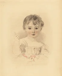 Retrato de Thomas Lawrence Bloxam, sobrinho de Sir Thomas Lawrence. Em vestido atado com uma fita cor-de-rosa. Gravura manuscrita de Frederick Christian Lewis depois de uma ilustração de Sir Thomas Lawrence do Gabinete de Gemas de P.G. Patmore, Ackermann, 