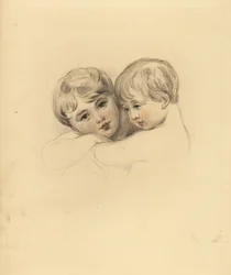 Retrato das crianças Calmeady em um abraço. Gravura manuscrita de Frederick Christian Lewis depois de uma ilustração de Sir Thomas Lawrence do Gabinete de Gemas de P.G. Patmore, Ackermann, Londres.