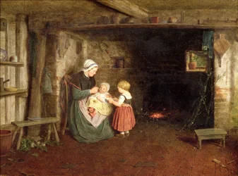 Expectativa: Interior de uma casa de campo com uma mãe e filhos, 1854