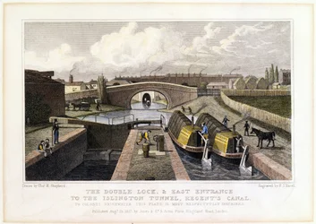 O bloqueio duplo e a entrada leste do túnel de Islington, Regents Canal, 1827