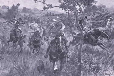 Ataque a uma patrulha, de After Pretoria: The Guerilla War, publicado pela Harmsworth Bros Limited, 1901