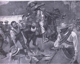 Tratamento bôer dos enviados da paz: A flagelação de Margendaal, de After Pretoria: The War Guerilla publicado por Harmsworth Bros Limited, 1901
