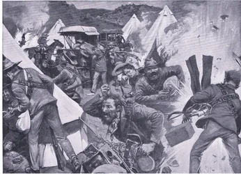 Boers saqueando o acampamento britânico no Nooitgedacht sob fogo de artilharia, de After Pretoria: The War Guerilla publicado pela Harmsworth Bros Limited, 1901