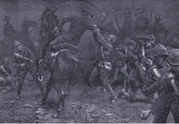 Major Boole-Smith aborda De Wet, de After Pretoria: A Guerra de Guerrilha publicada por Harmsworth Bros Limited, 1901