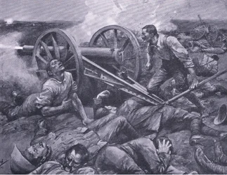 A defesa de Dewetsdorp: trabalhando um 15 pounder single handed, ilustração fromApter Pretoria: The Guerilla War, 1902