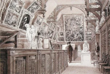 Interior da Antiga Escola Perseana, com uma selecção do legado do Senhor Fitzwilliam (lápis, escova e lavagem em papel)