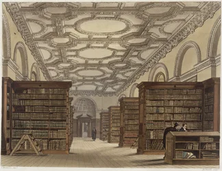 Interior da Biblioteca Pública, Cambridge, de "A História de Cambridge", gravado por Daniel Havell (1785-1826), pub. por R. Ackermann, 1815 (cor aquatint)