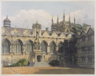 Exterior do Oriel College, ilustração da "História de Oxford", gravada pelo bar FC Lewis (1779-1856). por R. Ackermann, 1813 (aquatinta)