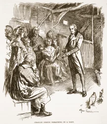 Charles Simeon pregando em um celeiro, ilustração de "A Igreja da Inglaterra: uma história para o povo" por HDM Spence-Jones, pub. c.1910 (foto sépia)