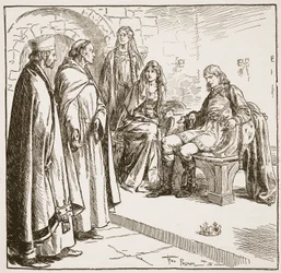 Dunstan, Edwy e Elgiva, ilustração de "A Igreja da Inglaterra: uma história para o povo" por HDM Spence-Jones, pub. c.1910 (foto sépia)