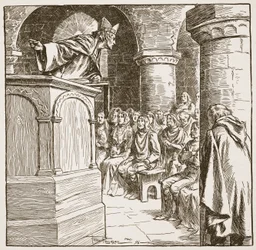 Último sermão de Dunstan, ilustração de "A Igreja da Inglaterra: Uma História para o Povo" de HDM Spence-Jones, pub. c.1910 (foto sépia)