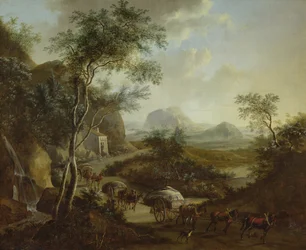 Paisagem com um comboio de cavalos e carrinhos
