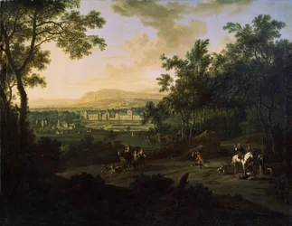 Paisagem com caçadores. Pintura de Frederick de Moucheron (1633-1686). Óleo sobre tela, arte holandesa, estilo barroco. Museu de Arte Mikhail Kroshitsky, Sevastopol (Sevastopol) Ucrânia