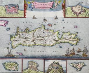 Mapa da ilha de Candia (Creta) com o porto marítimo de Herakleion, c.1680
