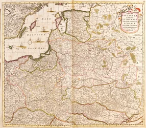 Mapa do Reino da Polónia, dos ducados da Lituânia e da Livónia (Letónia), dos países bálticos e da Ucrânia