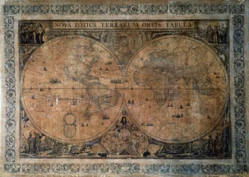 Nova Totius Terrarum Orbis Tabula, mapa mundial do hemisfério duplo de Frederick de Wit (1629-1630 - 1706), dedicado ao Imperador José I, gravura em cobre