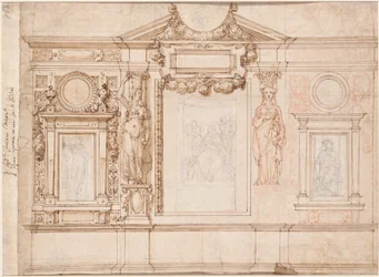 Projeto para uma decoração de parede com croquis colados após Raphael (verso)