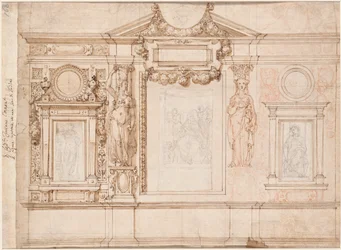 Projeto para uma decoração de parede com croquis colados segundo o verso de Rafael, c. 1580-90.