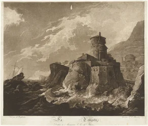 Castelo em costa rochosa e navios em tempestade no mar
La Tempête (título sobre o objecto)