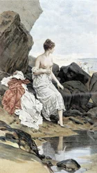 Mulher à beira-mar a tomar banho escondida - alegoria do verão, calendário ilustrado por Hubert Dys, pintado por F.H. Kaemmerer