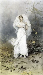 Mulher na Floresta - Alegoria do Outono, Calendário ilustrado por Hubert Dys, pintado por F.H. Kaemmerer